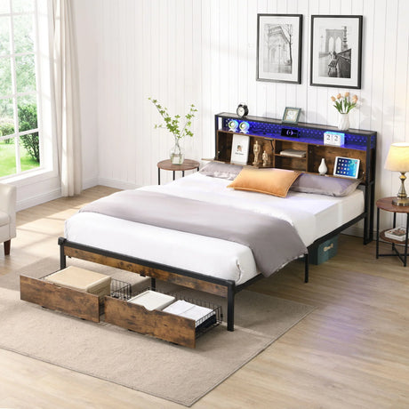 Modern Metal Platform Bed Frame With Wooden Headboard, USB Charging Station, Storage Drawers - Furniture Home Direct