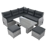 6 Piece Patio Set With An Adjustable Table, Recliners With Extendable Side Tables, And 2 Ottomans - Gray - Furniture Home Direct