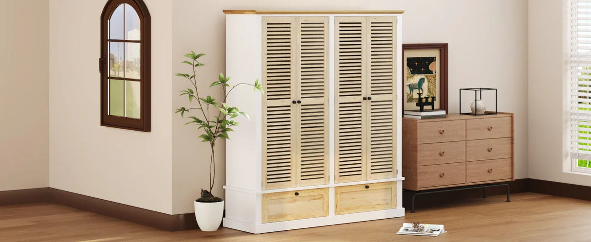 4 Shutter Door Wardrobe Armoire with 2 Drawers, Natural + White - Furniture Home Direct
