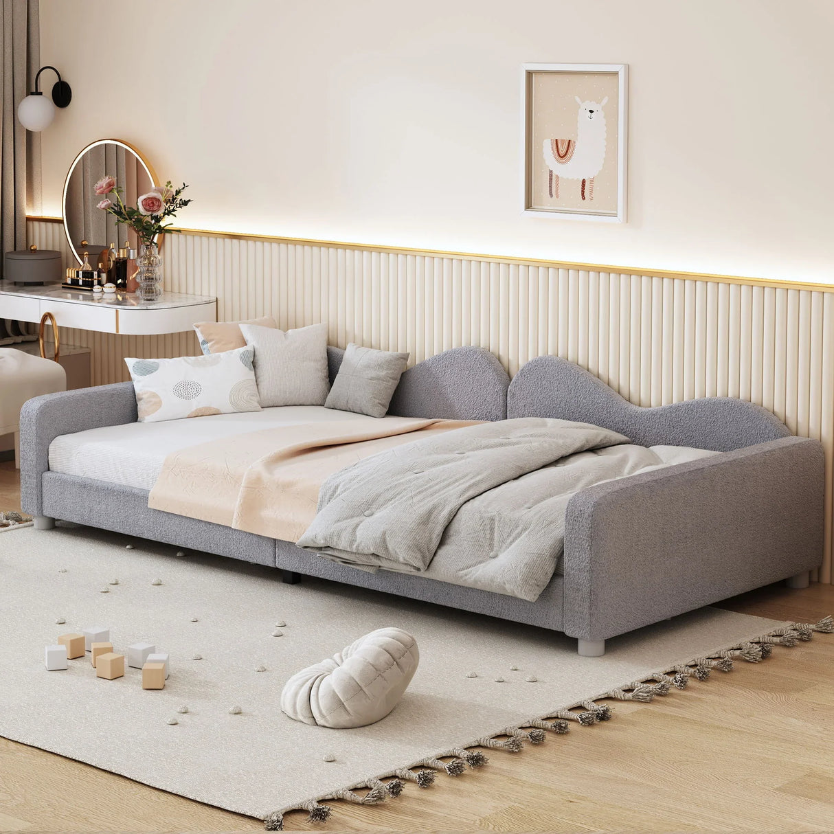 Upholstered Daybed, Sherpa Fabric Sofabed With Cloud-Shaped Backrest - Furniture Home Direct