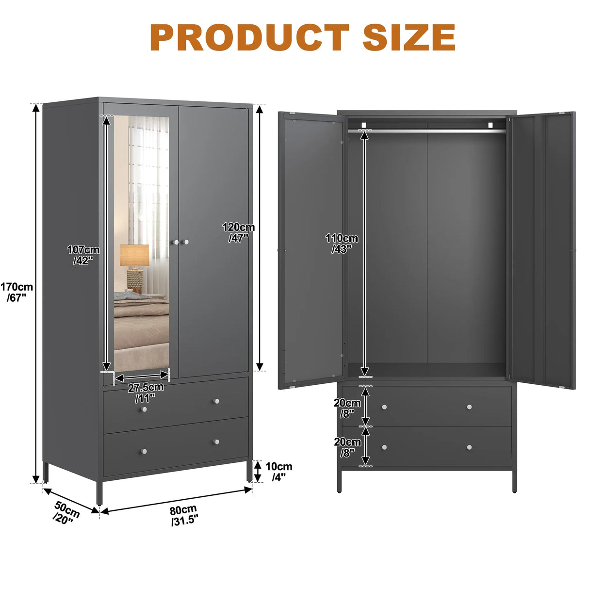Wardrobe With Mirror Door And Two Drawers Charcoal Gray - Furniture Home Direct