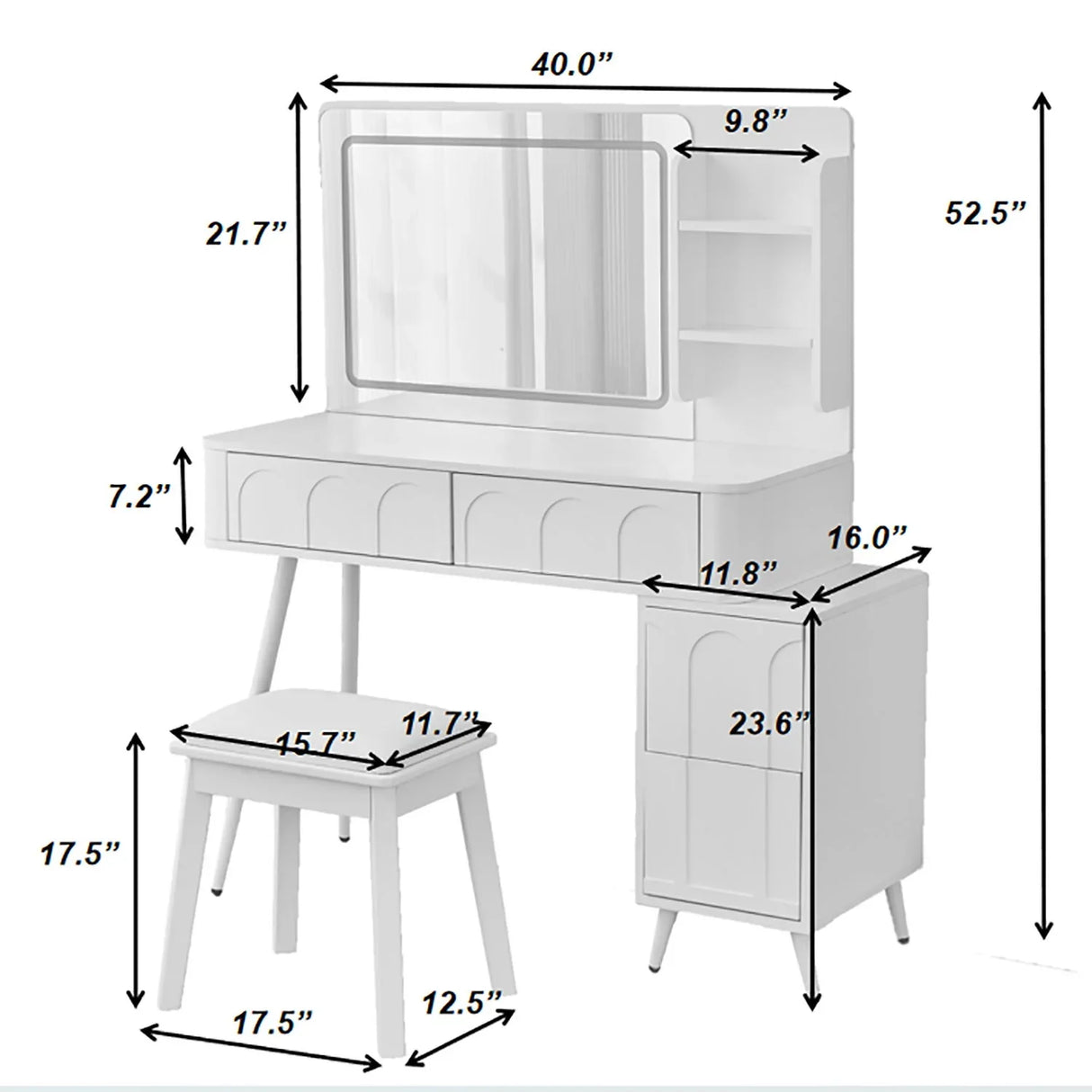 Modern Makeup Vanity Desk With LED Lights & Mirror 4 Drawer Dressing Table Set Space Saving For Bedroom - White - Furniture Home Direct