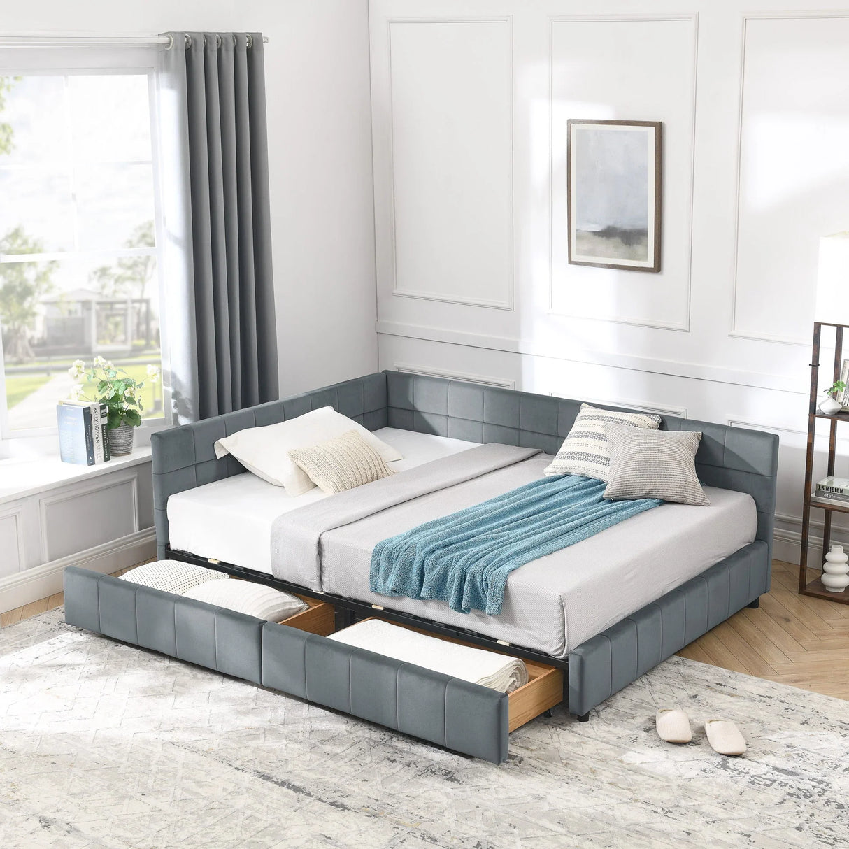 Mid-Century Storage Upholstered Tufted Bed Frame With Backrest And Armrests - Furniture Home Direct