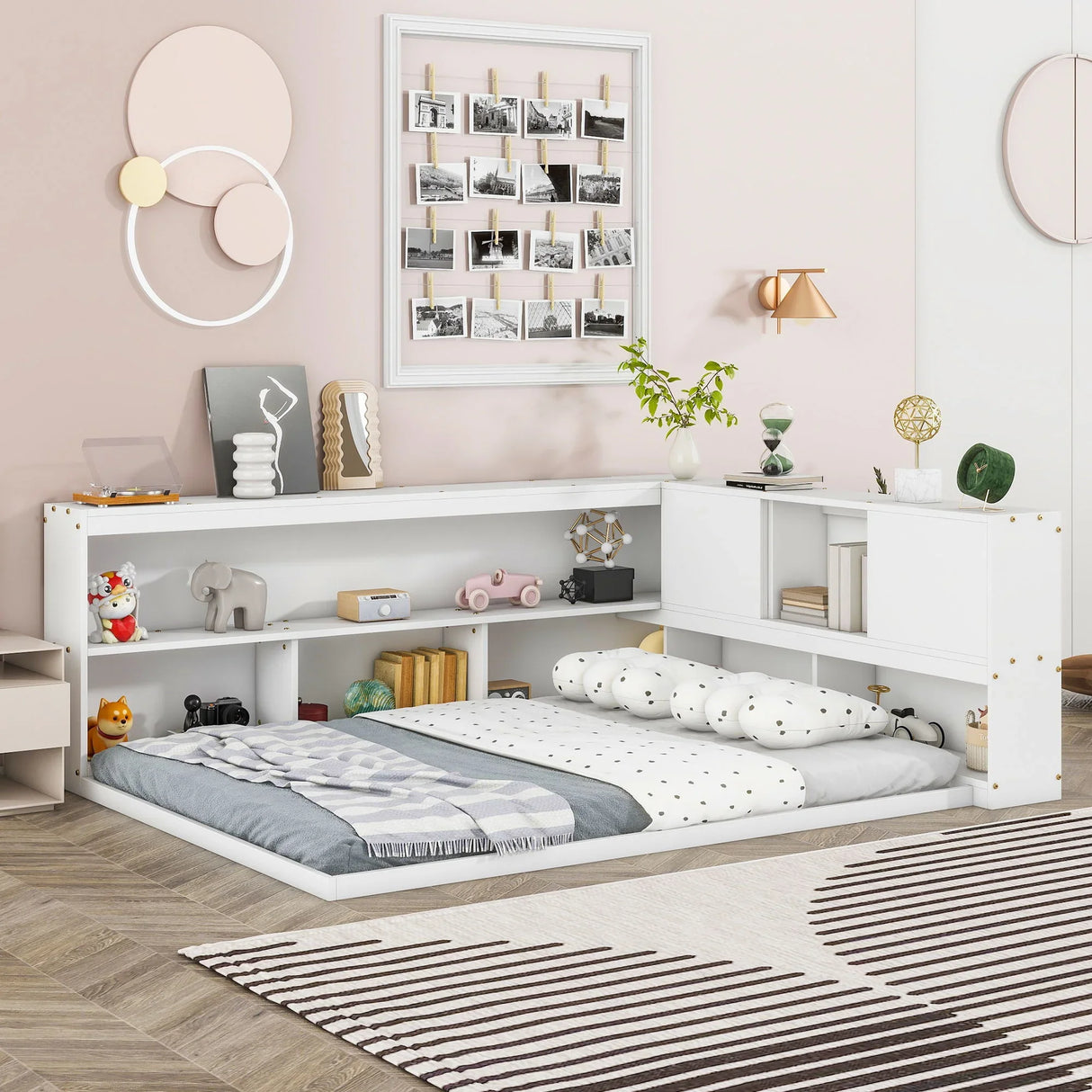 Floor Bed With L-Shaped Bookcases, Sliding Doors, Without Slats - Furniture Home Direct