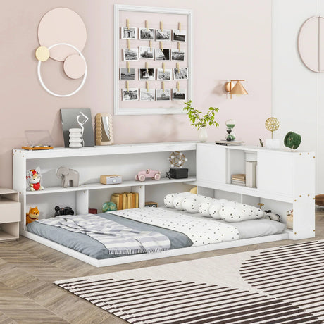 Floor Bed With L-Shaped Bookcases, Sliding Doors, Without Slats - Furniture Home Direct