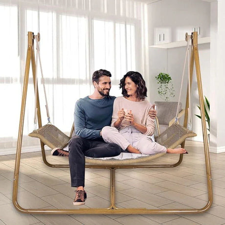 Hammock Swing Chair With Stand For Indoor, Outdoor, Anti-Rust Wood-Colored Frame With Cushion Oversized Double Hammock Chair For Patio Balcony Bedroom Ban On Amazon - Gold / Brown - Furniture Home Direct
