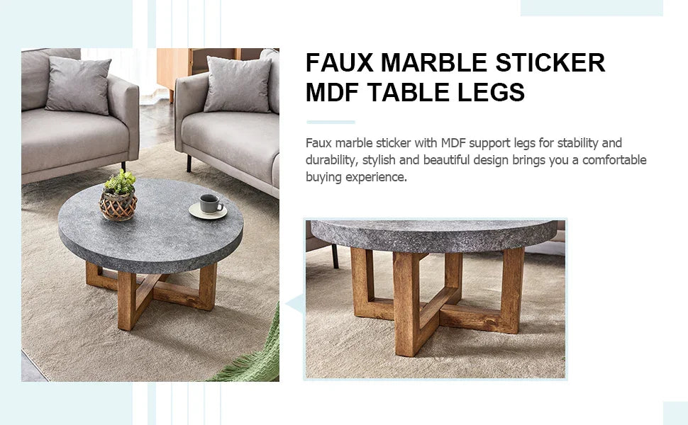 Coffee Table Round Stone Finish Wood Base Contemporary Gray - Furniture Home Direct