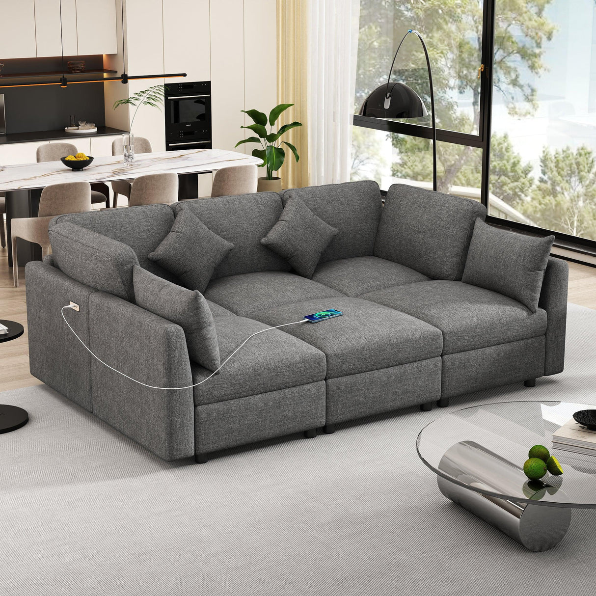 Sectional Sofa, Modular With USB Ports And Ottoman, Grey - Furniture Home Direct