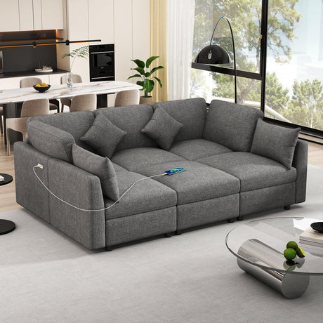 Sectional Sofa, Modular With USB Ports And Ottoman, Grey - Furniture Home Direct