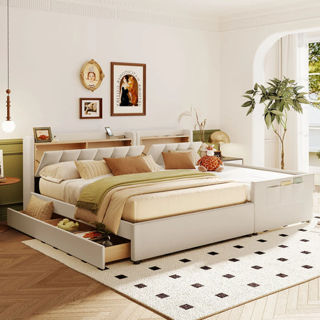 Platform Bed With Storage Drawers And USB Ports Beige - Furniture Home Direct