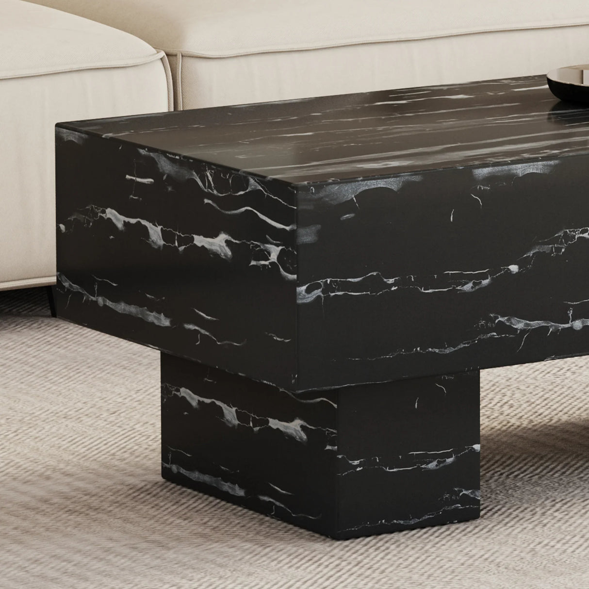 Coffee Table Modern Marble Texture With Block Base Black - Furniture Home Direct