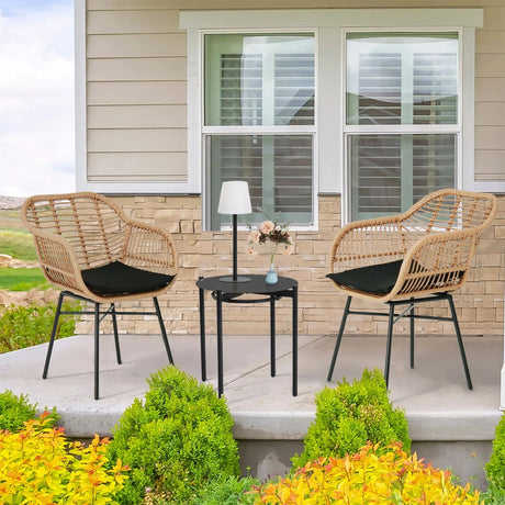 3 Pieces Of Luxury Outdoor Wicker Furniture, Patio Bistro Style Table And Chair Combination, Weather Resistant PE Wicker Weave, Suitable For Garden - Black / Natural - Furniture Home Direct
