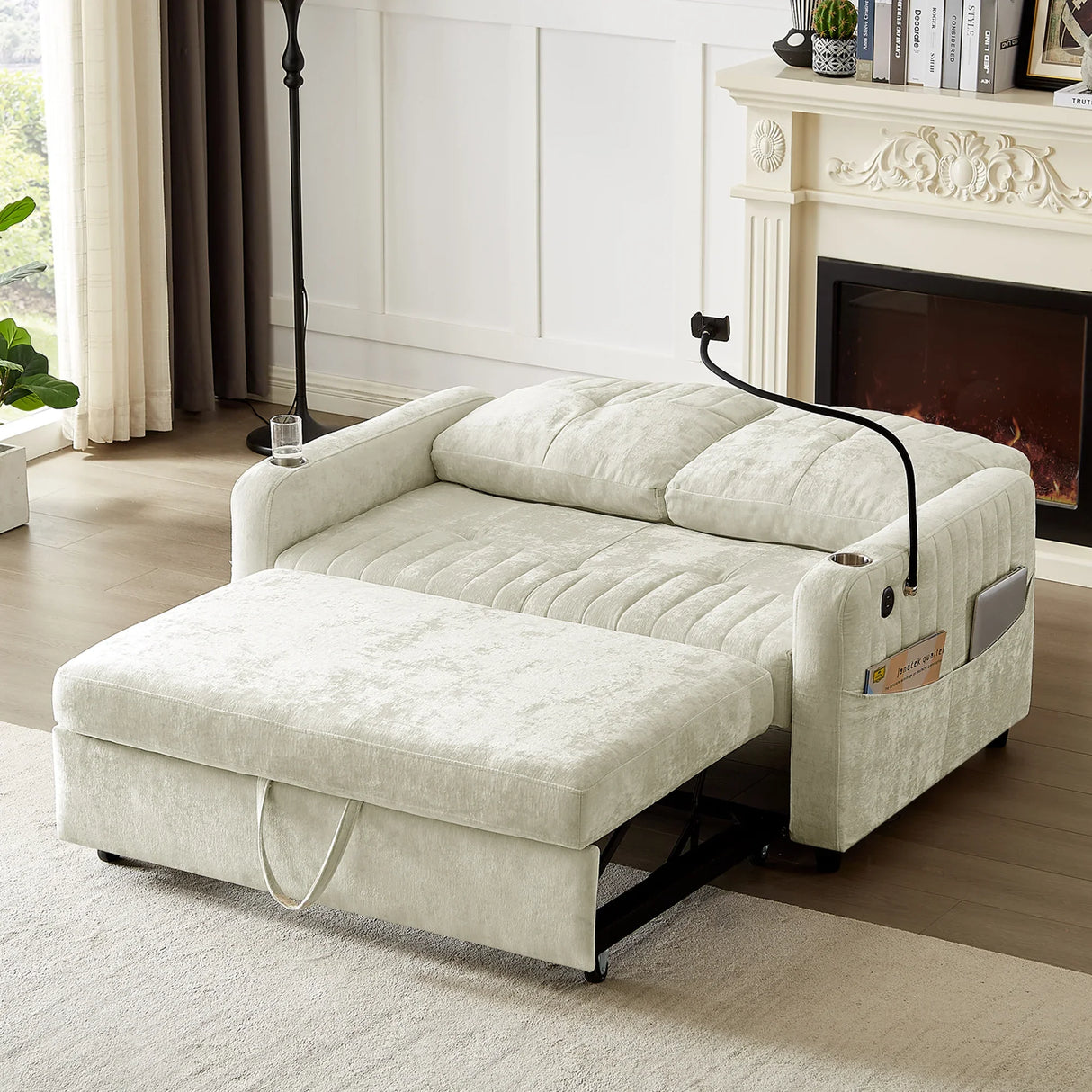 Sleeper Sofa With Adjustable Backrest, Two Cup Holders, Phone Holder, Three Charging Ports And Side Storage Pockets- Beige - Furniture Home Direct