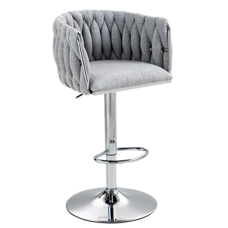 360 Degree Swivel Bar Stools Adjustable Counter Height Bar Chairs With Woven Back & Footrest, Silver Chromed Bar Stools For Kitchen Island (Set of 2) - Gray - Furniture Home Direct