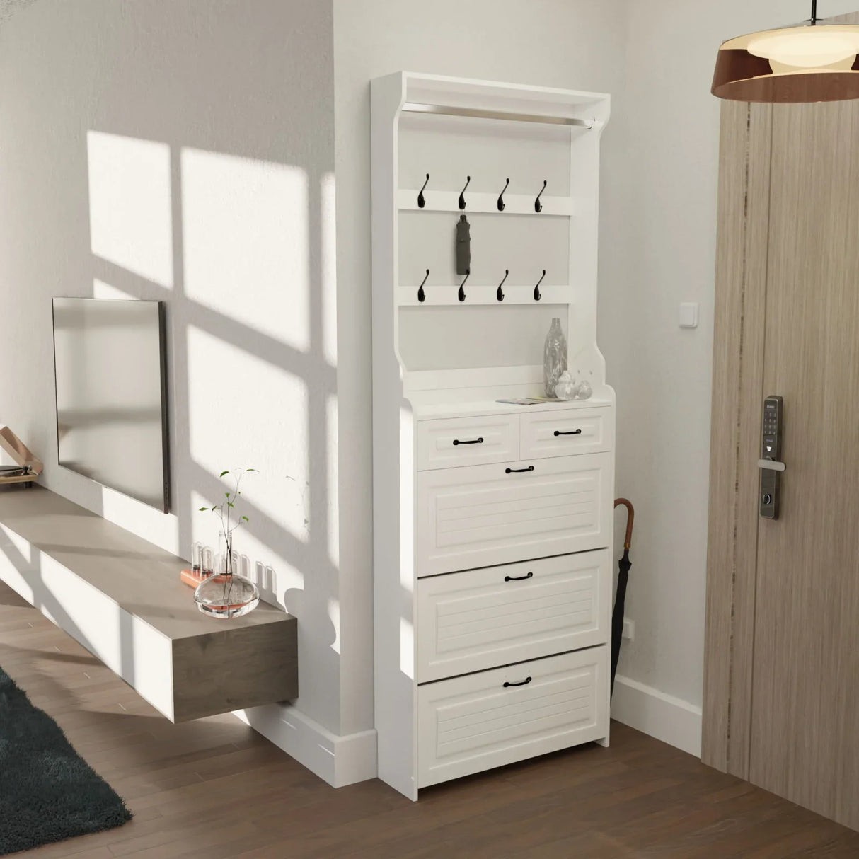 Shoe Cabinet With 3 Doors 2 Drawers With Hanger, Door With Shape, Large Space For Storage - Furniture Home Direct