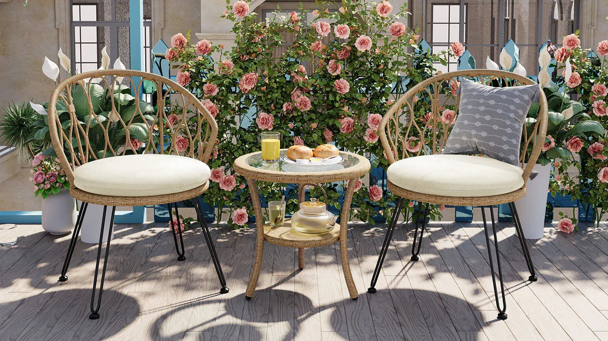 Outdoor Rattan Bistro Set With Glass Top Cushions Beige - Furniture Home Direct