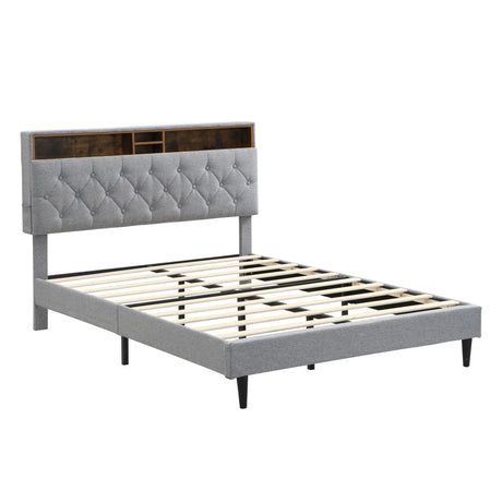 Modern Upholstered Platform Bed Frame With Button Tufted Headboard And USB Ports - Furniture Home Direct