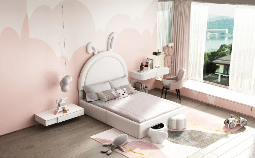 Rabbit-Shaped Bed for Kids Upholstered Full-Size White - Furniture Home Direct
