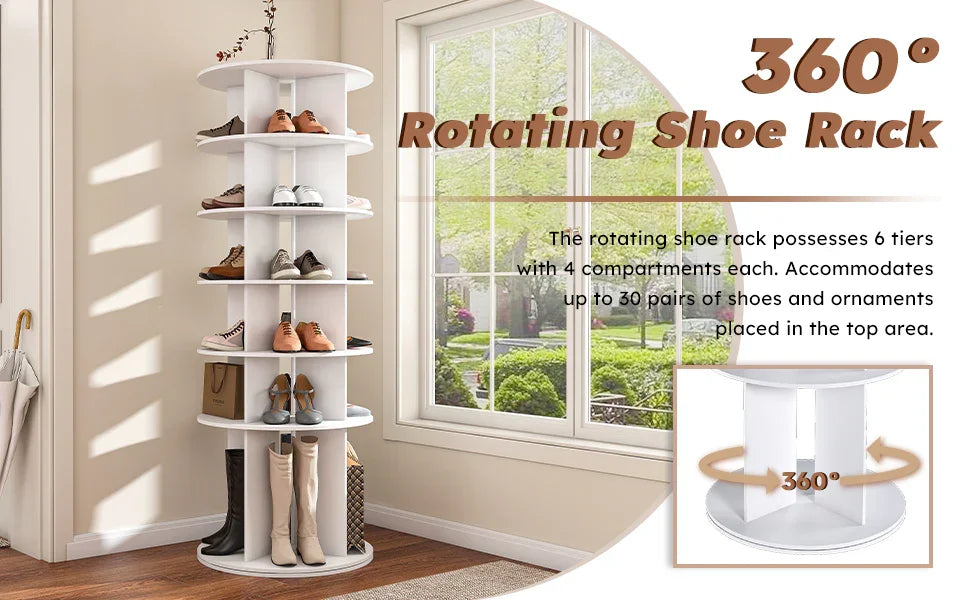 Free Standing 360° Revolving Shoe Organizer for 24 Pairs of Shoes (6-Tier White) - Furniture Home Direct