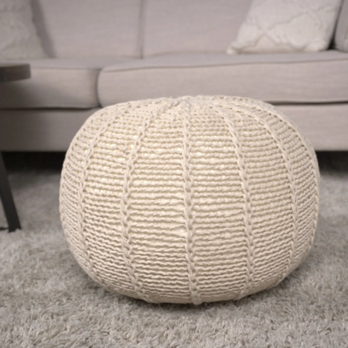 Bordeaux - Knitted Cotton Round Pouf Ottoman And Floor Cushion - Furniture Home Direct