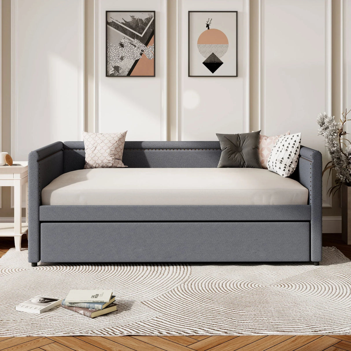 Modern Style Upholstered Daybed With Trundle For Guest Room, Small Bedroom