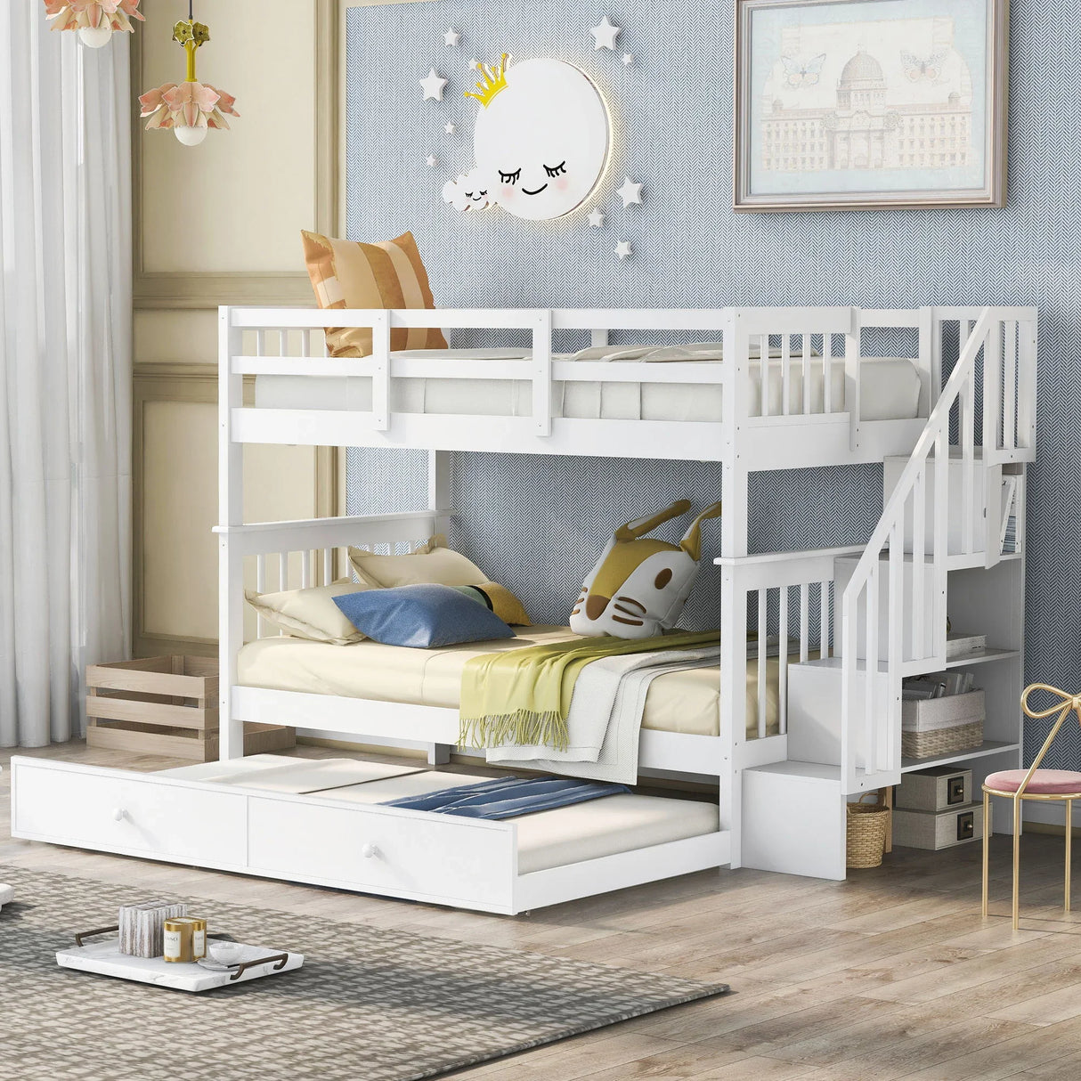 Stairway Bunk Bed With Storage And Guard Rail For Bedroom - Furniture Home Direct