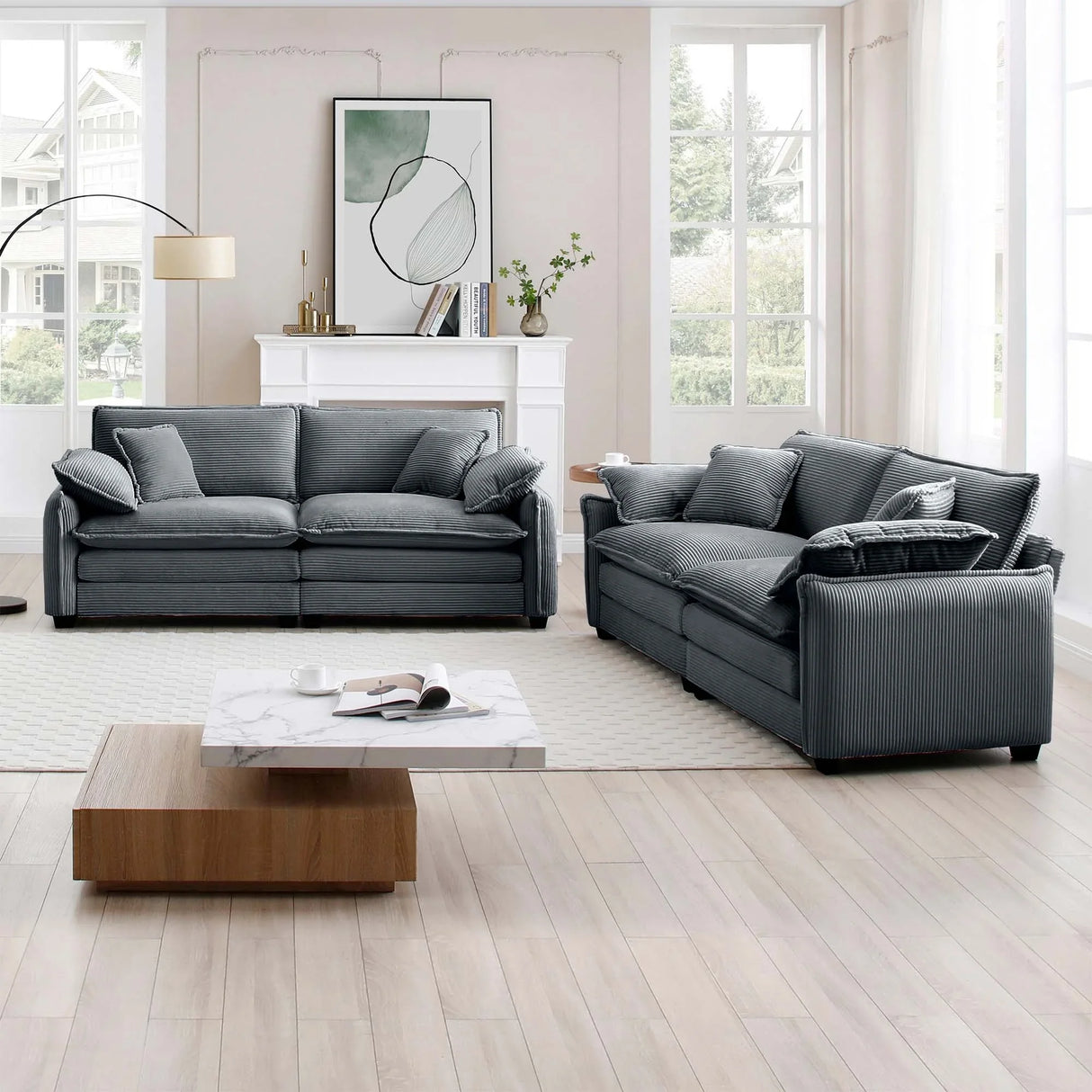 Two-Piece Corduroy Living Room Set (Sofa and Love Seat) - Gray - Furniture Home Direct