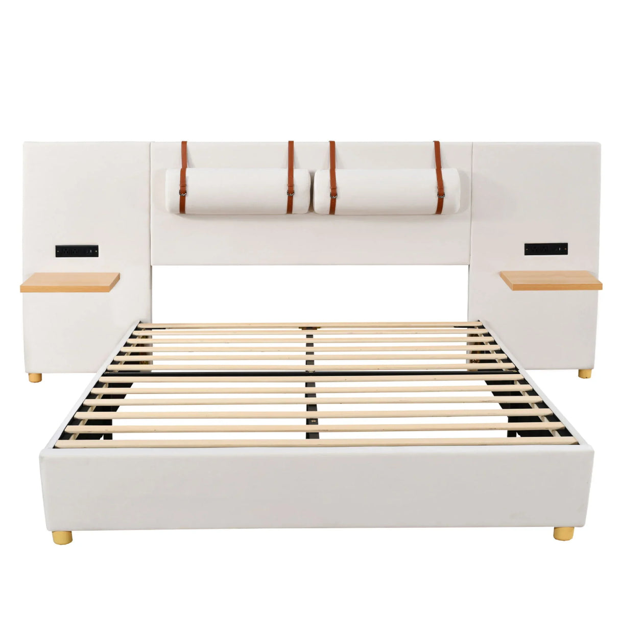 Upholstered Platform Bed, 2 Outlets And USB Charging Ports On Both Sides, 2 Bedside Pillows, Storage Shelves - Furniture Home Direct