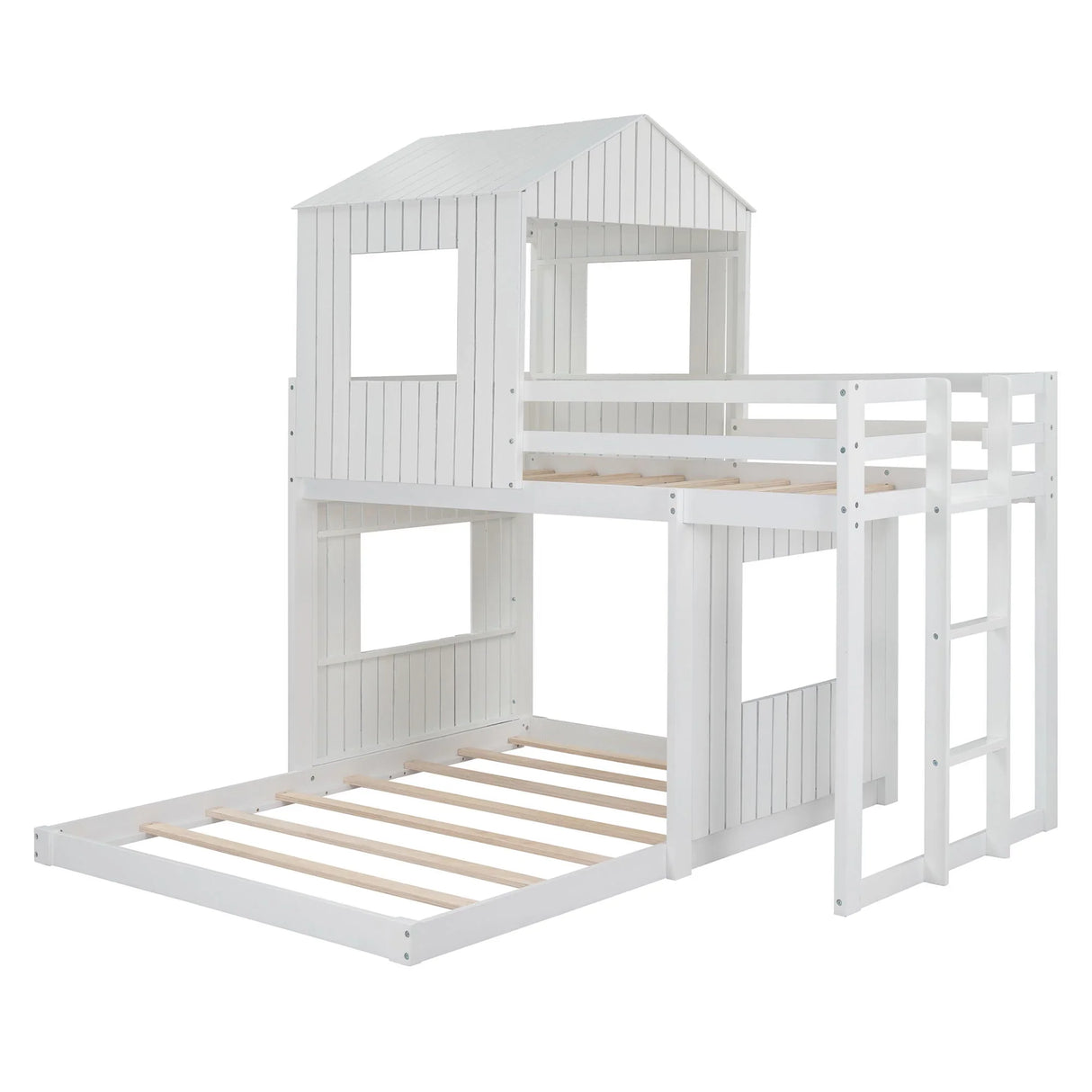 Twin Over Full Bunk Bed, With Playhouse, Farmhouse, Ladder And Guardrails - White - Furniture Home Direct