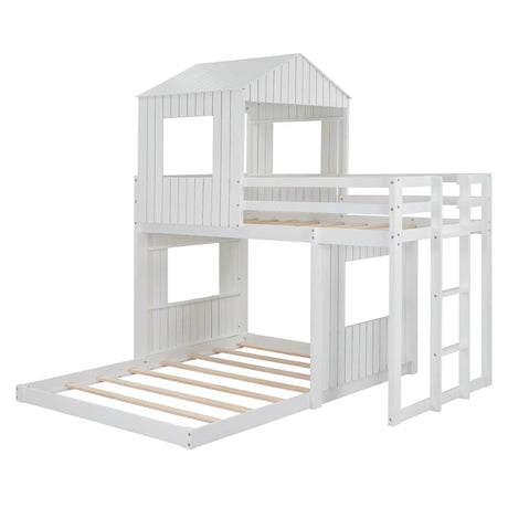 Twin Over Full Bunk Bed, With Playhouse, Farmhouse, Ladder And Guardrails - White - Furniture Home Direct