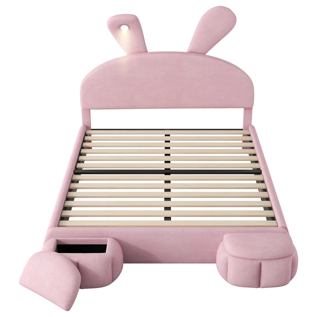Full Size Upholstered Platform Bed with Cartoon Ears Shaped Headboard and Light, Pink - Furniture Home Direct
