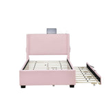 Twin Size Upholstered Bed Frame With Trundle Bed, Teddy Fabric, USB Functionality, And A Pocket Design On The Side Of The Headboard For Storing Small Items - Baby Pink - Furniture Home Direct