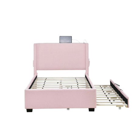 Twin Size Upholstered Bed Frame With Trundle Bed, Teddy Fabric, USB Functionality, And A Pocket Design On The Side Of The Headboard For Storing Small Items - Baby Pink - Furniture Home Direct