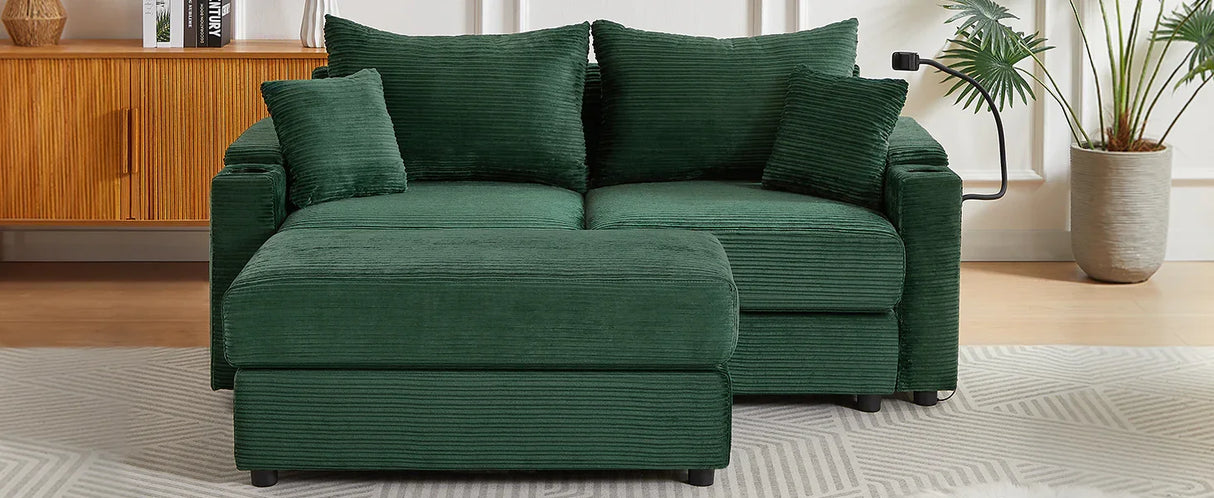 Sofa and Ottoman With Storage, Two USB Ports, Two Cup Holders and Phone Holder - Green - Furniture Home Direct
