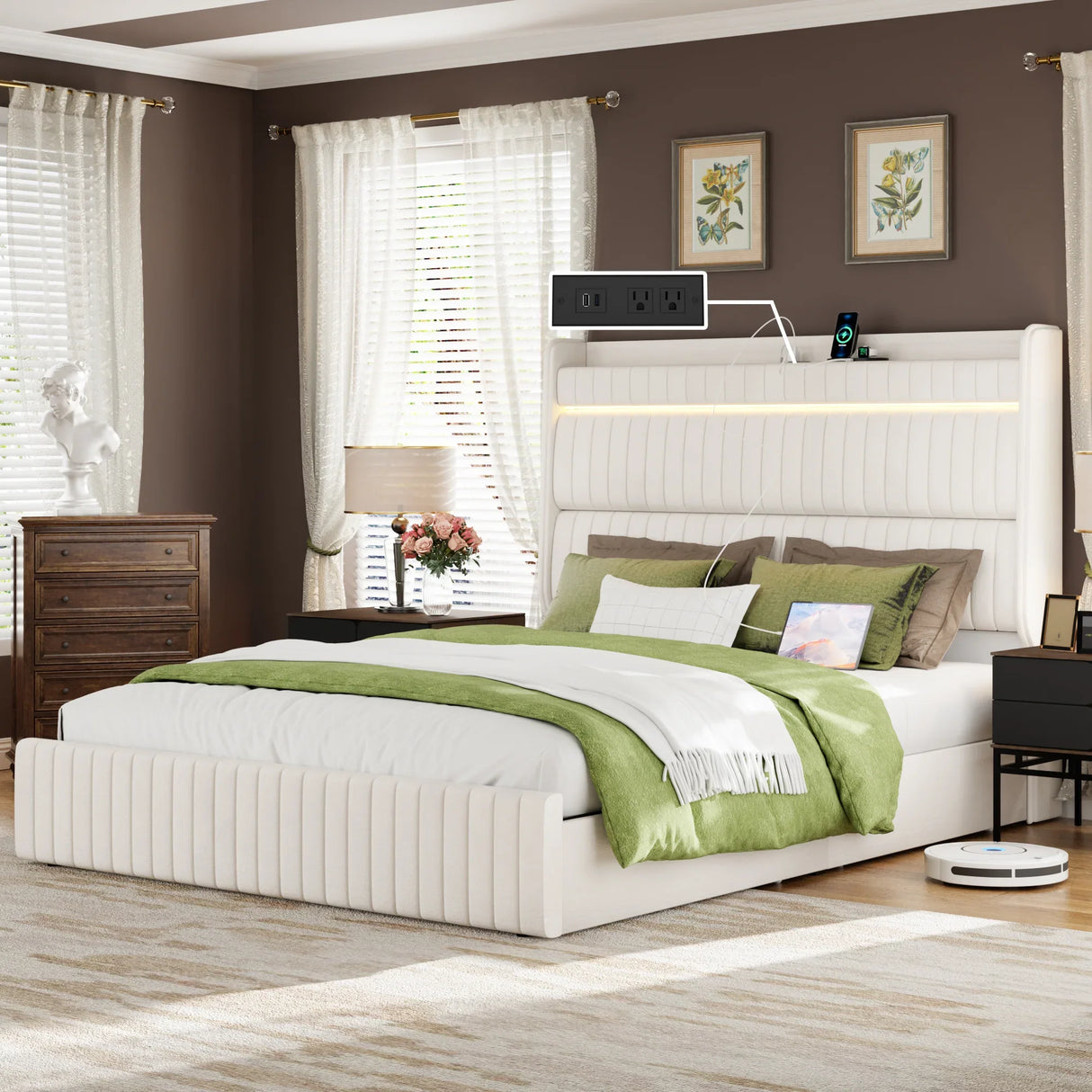 Queen Bed Upholstered With LED Lighting Headboard Beige - Furniture Home Direct