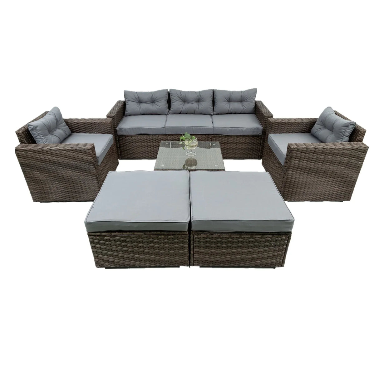 6 Piece Patio Rattan Wicker Outdoor Furniture Conversation Sofa Set With Removeable Cushions And Temper Glass Tabletop - Brown - Furniture Home Direct