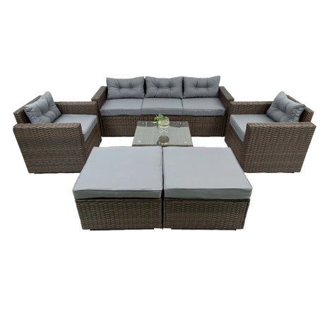 6 Piece Patio Rattan Wicker Outdoor Furniture Conversation Sofa Set With Removeable Cushions And Temper Glass Tabletop - Brown - Furniture Home Direct