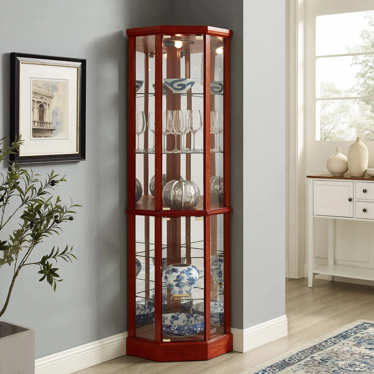 6 Shelf Lighted Corner Curio Cabinet With Adjustable Tempered Glass Shelves And Mirror Back (E26 Light Bulb Not Included) - Furniture Home Direct