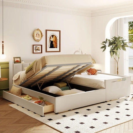 Platform Bed With Storage Drawers And USB Ports Beige - Furniture Home Direct