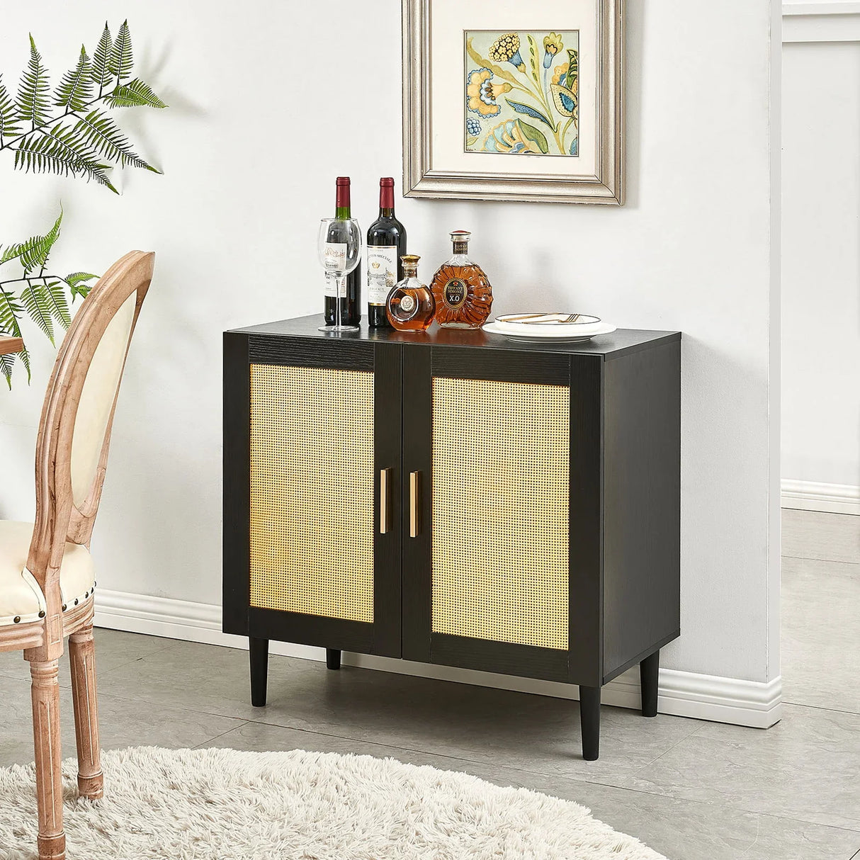 Side Panel Buffet Cabinet With Natural Rattan Door, Rattan Storage Cabinet With Adjustable Shelves, Side Panel And Buffet With Storage Space, Modern Console Cabinet In Bedroom And Living Room - Black / Beige - Furniture Home Direct