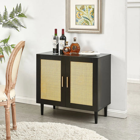 Side Panel Buffet Cabinet With Natural Rattan Door, Rattan Storage Cabinet With Adjustable Shelves, Side Panel And Buffet With Storage Space, Modern Console Cabinet In Bedroom And Living Room - Black / Beige - Furniture Home Direct