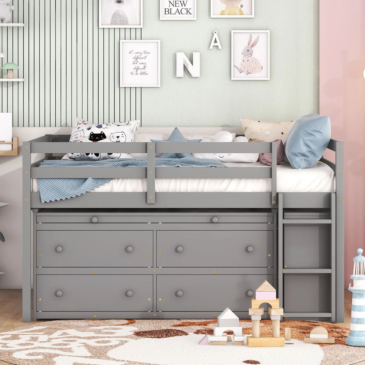 Loft Bed With Retractable Writing Desk And 4 Drawers, With Lateral Portable Desk And Shelves - Furniture Home Direct