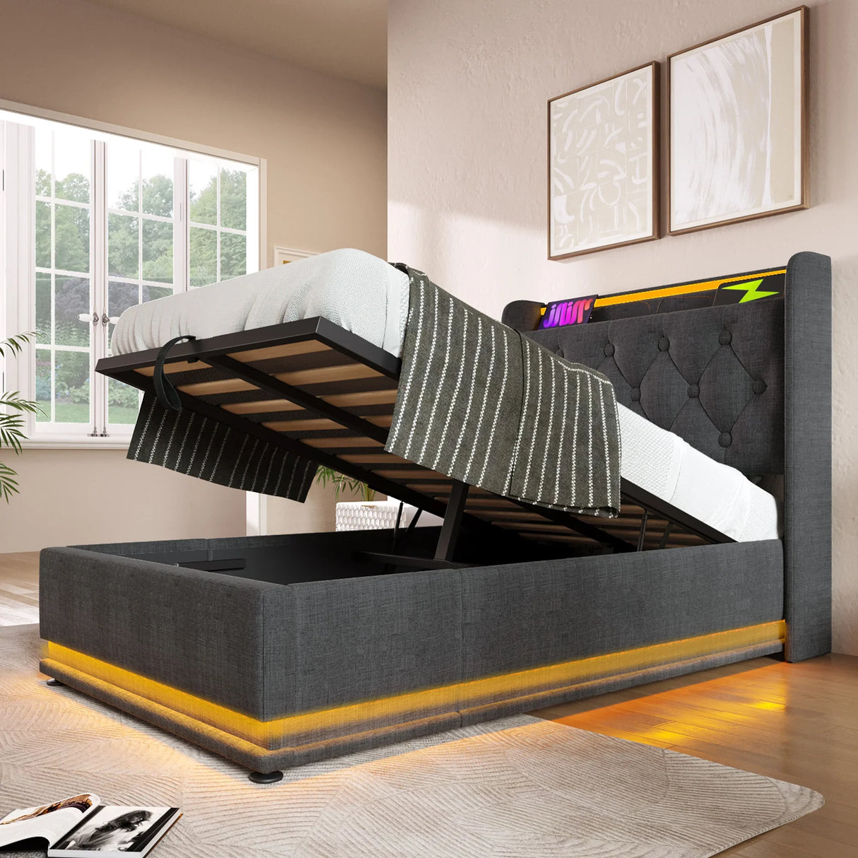 Twin Upholstered Bed 360 Surround LED Lighting USB C Gray - Furniture Home Direct