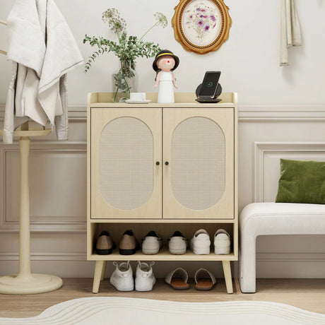 2 Door Shoe Rack, Freestanding, Modern Shoe Storage Cabinet, For Entryway - Natural - Furniture Home Direct