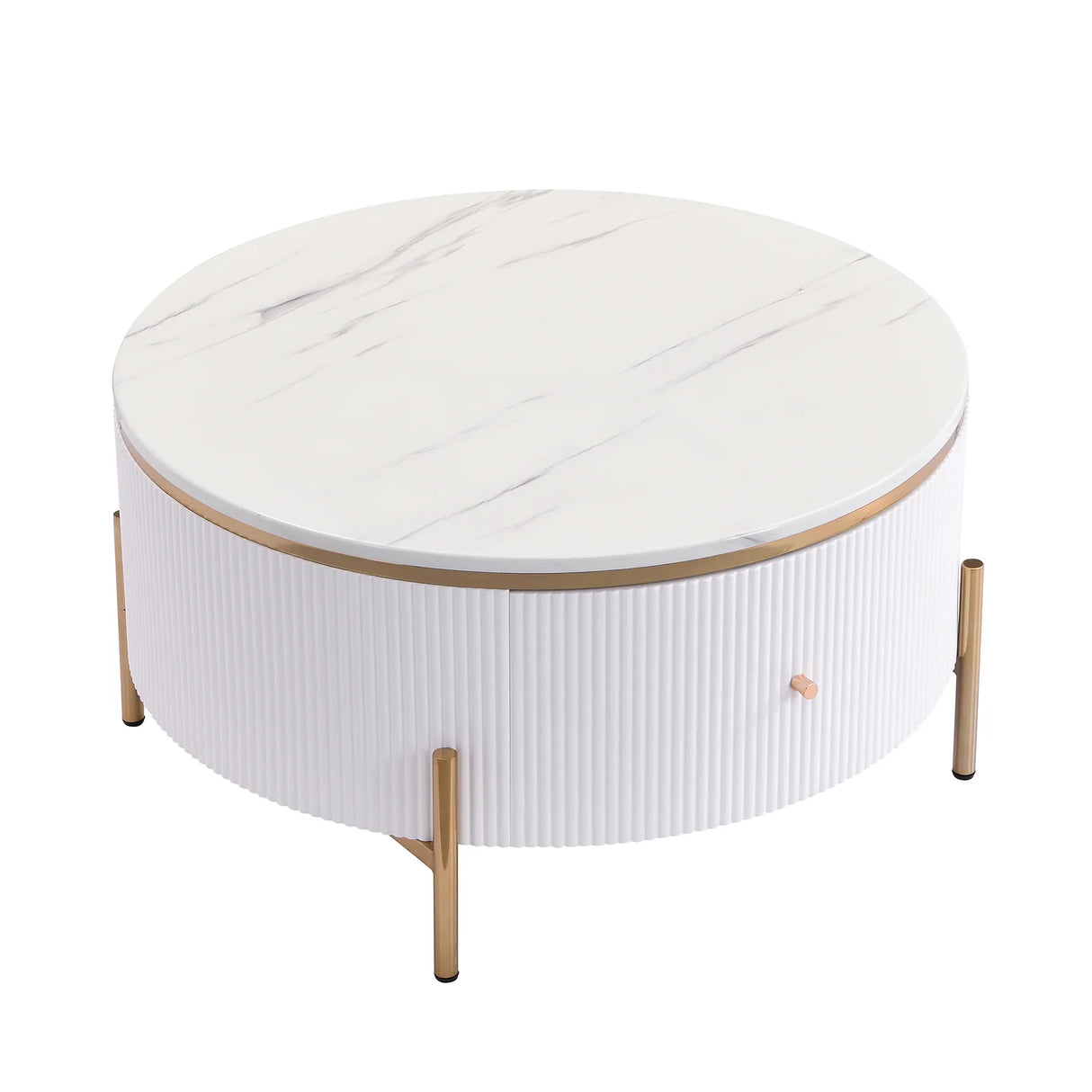 Round Coffee Table with Drawers and Gold Accents White - Furniture Home Direct