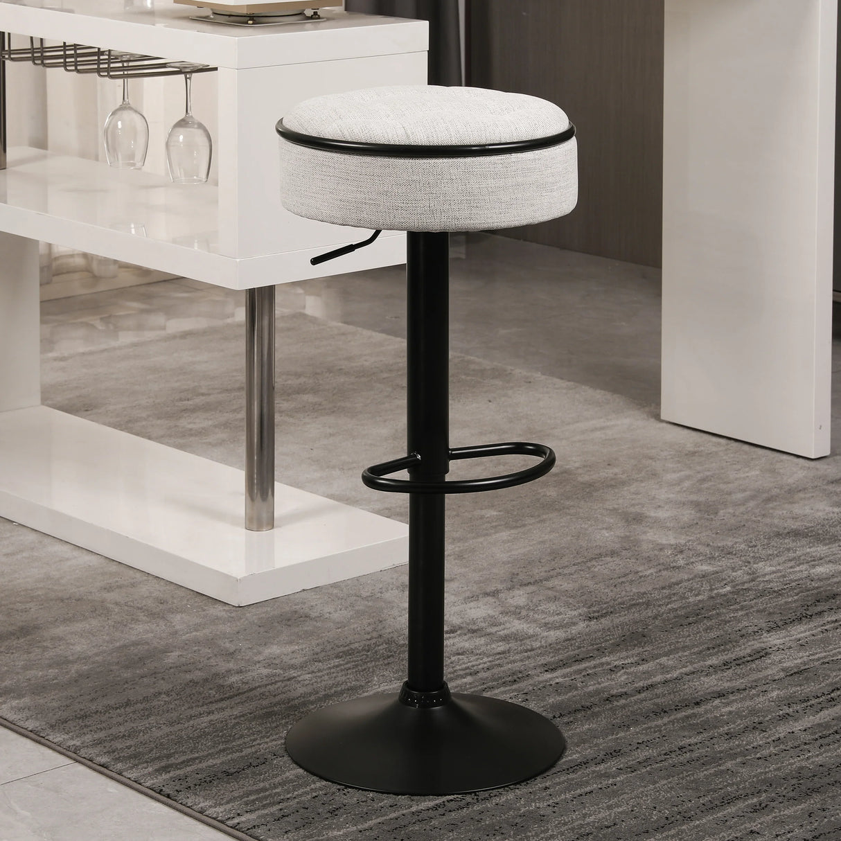 Counter Stool Round Linen Upholstered Seat Off White - Furniture Home Direct