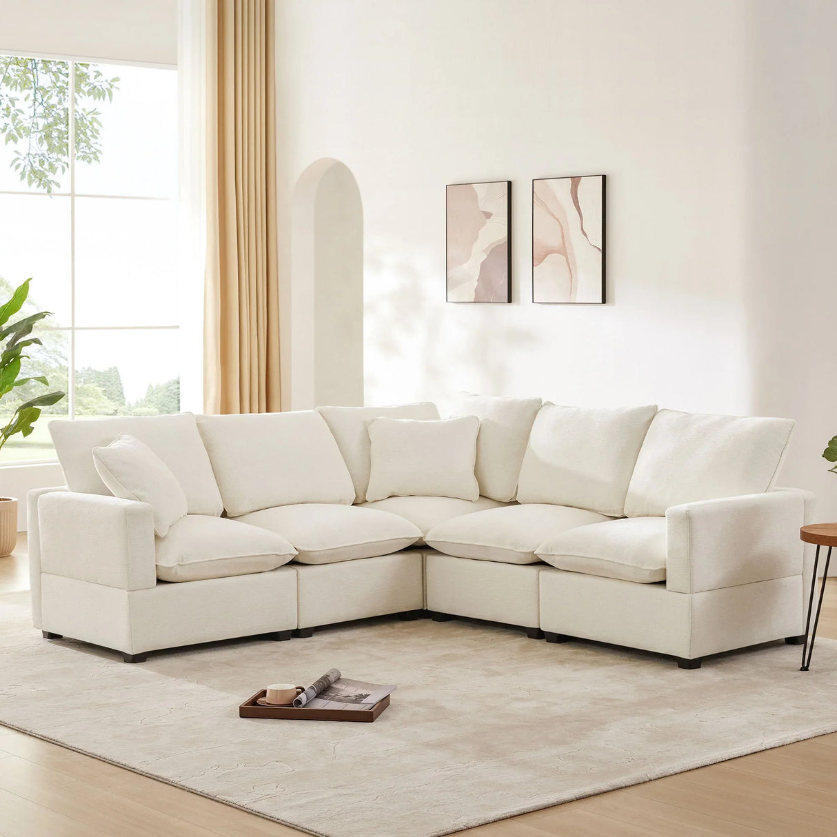 Modern L Shape Modular Sofa, 5 Seat Chenille Sectional Couch Set With 2 Pillows Included, Freely Combinable Indoor Funiture For Living Room, Apartment, Office - Furniture Home Direct