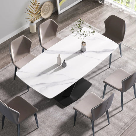 70.87" Modern Artificial Stone White Curved Black Metal Leg Dining Table, Can Accommodate 6-8 People - White / Black - Furniture Home Direct