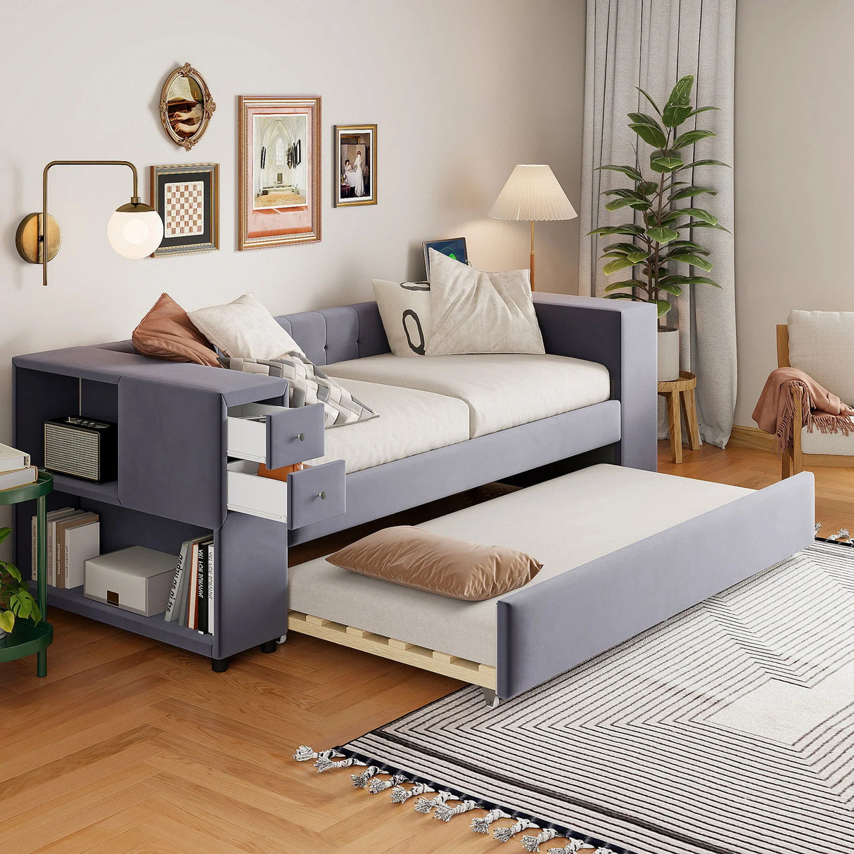 Upholstered Bed With Storage And Twin Trundle, USB Charging Ports - Furniture Home Direct