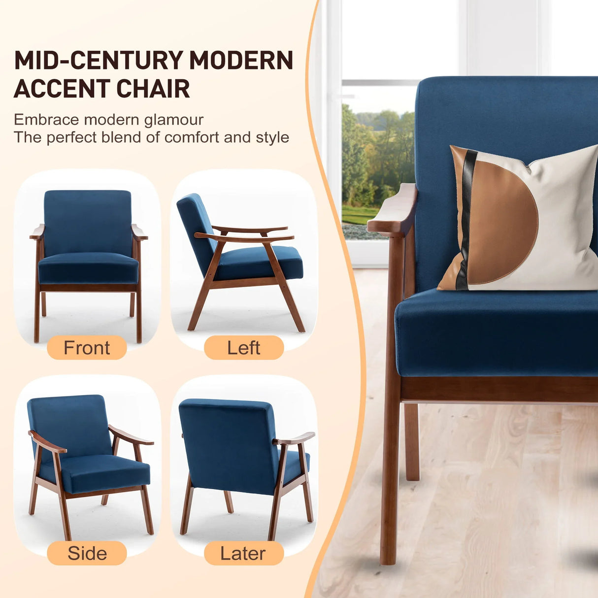 Mid Century Modern Accent Chair With Solid Wood Frame And Extra Thick Backrest - Furniture Home Direct